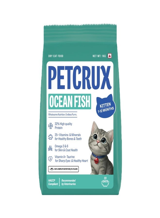 Petcrux Dry Kitten Cat Food, Ocean Fish Flavor, with Omega 3 & 6 and Taurine, Complete & Balanced Nutrition for Growing Kittens, 1 kg - Image 1