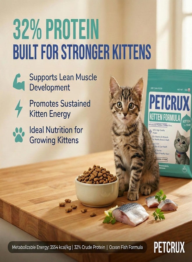 Petcrux Dry Kitten Cat Food, Ocean Fish Flavor, with Omega 3 & 6 and Taurine, Complete & Balanced Nutrition for Growing Kittens, 1 kg - Image 3