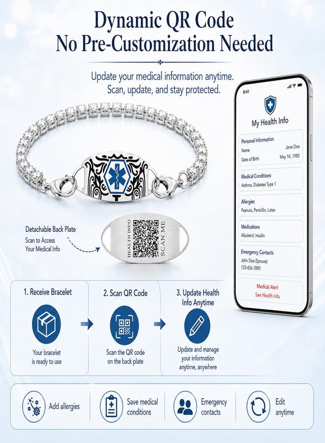 Uloveido Dynamic QR Code Medical Alert Tennis Bracelet - Rhinestone Inlaid, Interchangeable Tag, Dual Lobster Clasps & Extender, Scan to Update Health/Allergy/Emergency Info, Fashion Medical ID Bracelet (QR Code-US Stock) - Image 4