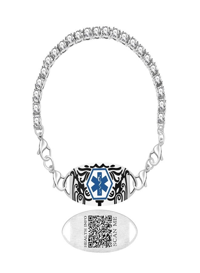 Uloveido Dynamic QR Code Medical Alert Tennis Bracelet - Rhinestone Inlaid, Interchangeable Tag, Dual Lobster Clasps & Extender, Scan to Update Health/Allergy/Emergency Info, Fashion Medical ID Bracelet (QR Code-US Stock) - Image 1