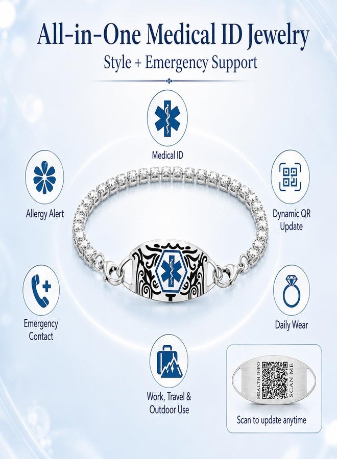 Uloveido Dynamic QR Code Medical Alert Tennis Bracelet - Rhinestone Inlaid, Interchangeable Tag, Dual Lobster Clasps & Extender, Scan to Update Health/Allergy/Emergency Info, Fashion Medical ID Bracelet (QR Code-US Stock) - Image 5