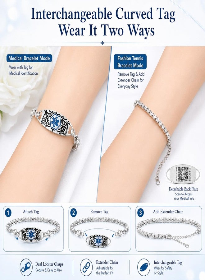 Uloveido Dynamic QR Code Medical Alert Tennis Bracelet - Rhinestone Inlaid, Interchangeable Tag, Dual Lobster Clasps & Extender, Scan to Update Health/Allergy/Emergency Info, Fashion Medical ID Bracelet (QR Code-US Stock) - Image 3