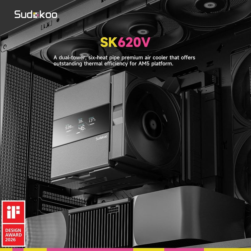 Sudokoo SK620V AM5 مبرد هواء: مبرد وحدة المعالجة المركزية ذو 6 أنابيب حرارية وبرج مزدوج، مخصص للوحدات من نوع AM5 - مبرد كمبيوتر مزود بمراوح هادئة من نوع FDB PWM بقطر 120 مم وميزة التثبيت السريع وشاشة رقمية. - Image 2