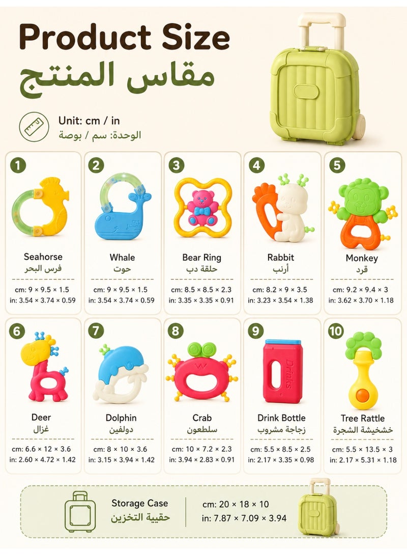مجموعة مكونة من 10 قطع: عضاضات وخشخيشات للأطفال، تأتي مع صندوق تخزين بتصميم حقيبة سفر خضراء. ألعاب تسنين مصنوعة من السيليكون الخالي من مادة BPA، مصممة للمضغ وتخفيف آلام اللثة بلطف للمواليد الجدد، وهي ألعاب حسية سهلة الإمساك للرضع (من 0 إلى 12 شهراً)، وتتميز بأشكال لطيفة للحيوانات والفواكه. - Image 3