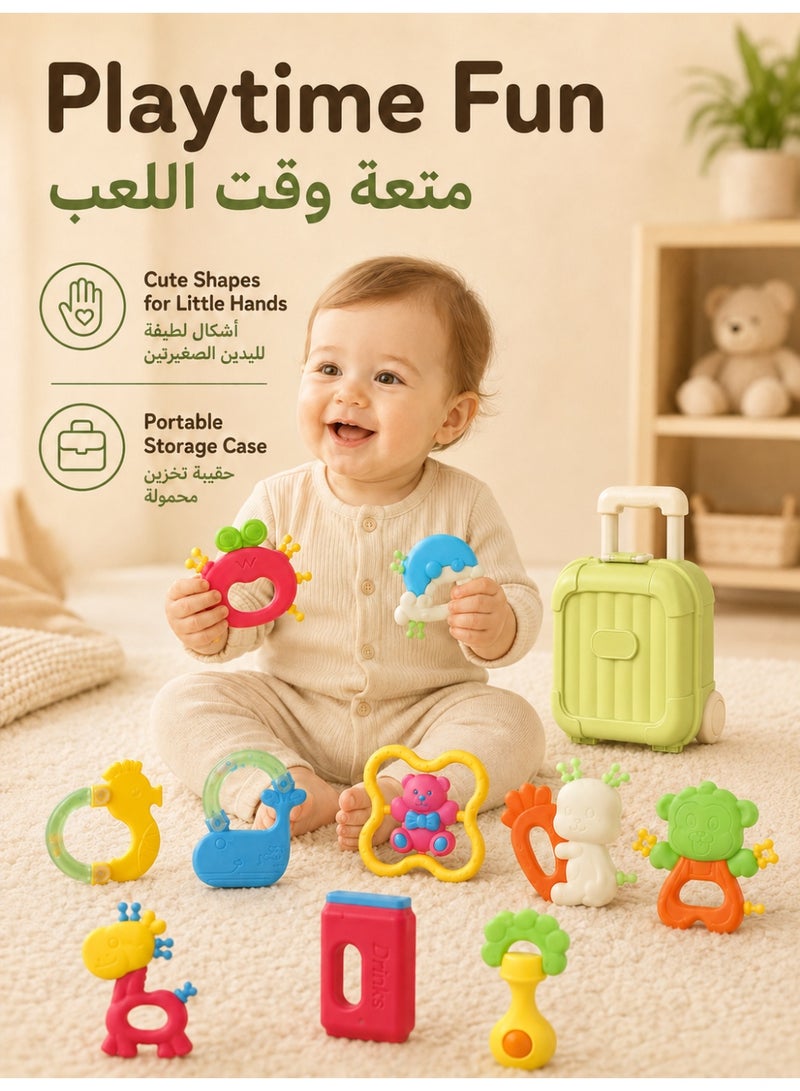 مجموعة مكونة من 10 قطع: عضاضات وخشخيشات للأطفال، تأتي مع صندوق تخزين بتصميم حقيبة سفر خضراء. ألعاب تسنين مصنوعة من السيليكون الخالي من مادة BPA، مصممة للمضغ وتخفيف آلام اللثة بلطف للمواليد الجدد، وهي ألعاب حسية سهلة الإمساك للرضع (من 0 إلى 12 شهراً)، وتتميز بأشكال لطيفة للحيوانات والفواكه. - Image 1