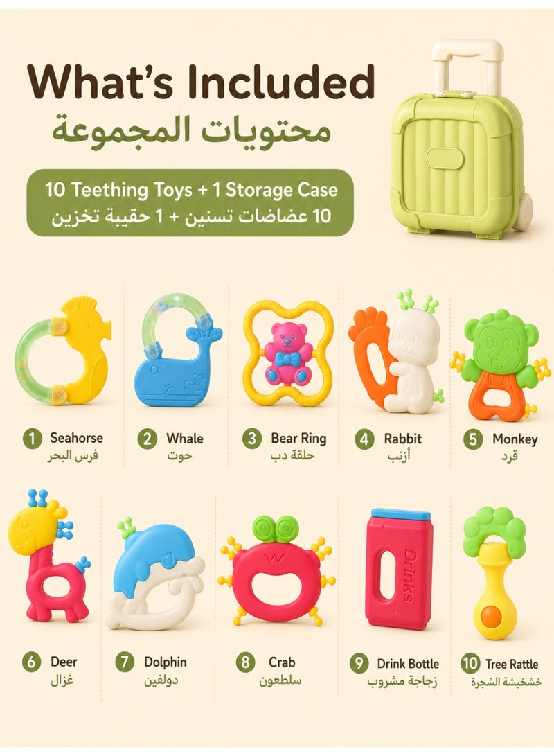مجموعة مكونة من 10 قطع: عضاضات وخشخيشات للأطفال، تأتي مع صندوق تخزين بتصميم حقيبة سفر خضراء. ألعاب تسنين مصنوعة من السيليكون الخالي من مادة BPA، مصممة للمضغ وتخفيف آلام اللثة بلطف للمواليد الجدد، وهي ألعاب حسية سهلة الإمساك للرضع (من 0 إلى 12 شهراً)، وتتميز بأشكال لطيفة للحيوانات والفواكه. - Image 5