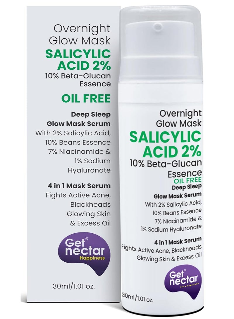 Get Nectar Happiness احصلي على قناع "Nectar Happiness" الليلي (Overnight Glow Mask) بتركيبة خالية من الزيوت، تحتوي على 2% حمض الساليسيليك، و10% خلاصة بيتا-جلوكان، و7% نياسيناميد، و1% هيالورونات الصوديوم؛ لفعالية عالية في محاربة حب الشباب النشط والرؤوس السوداء والزيوت الزائدة، مع منح البشرة إشراقة ونضارة وتقشير لطيف للوجه (حجم 30 مل). - Image 1