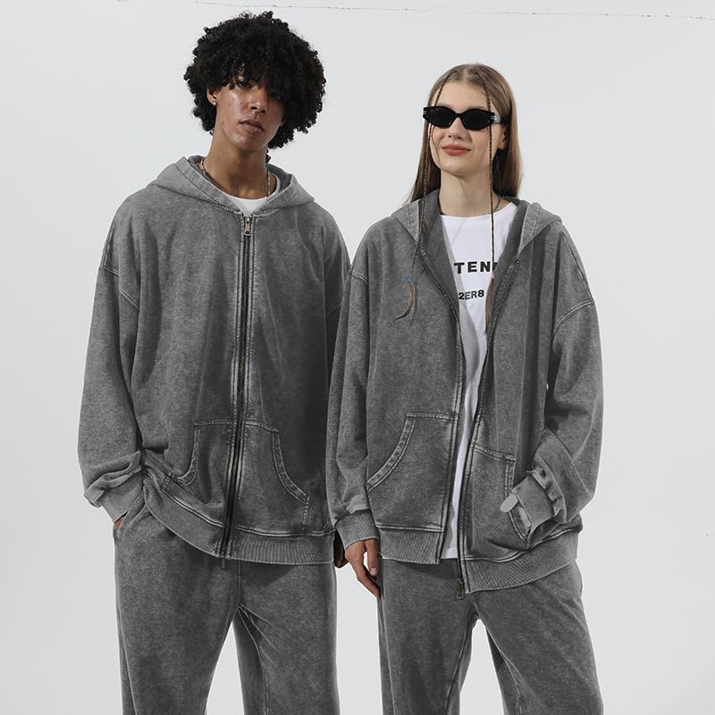 Dynict Men's Zip-Up Hoodies Solid Hip-Hop Y2K Oversize Wash Old Craft Basic Hoodies Heavyweight Casual Fit Sweatshirt (Grey,Large) - Image 2