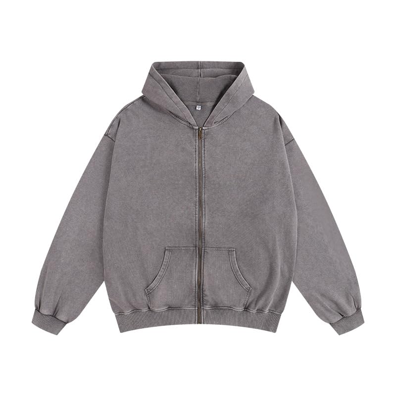 Dynict Men's Zip-Up Hoodies Solid Hip-Hop Y2K Oversize Wash Old Craft Basic Hoodies Heavyweight Casual Fit Sweatshirt (Grey,Large) - Image 1