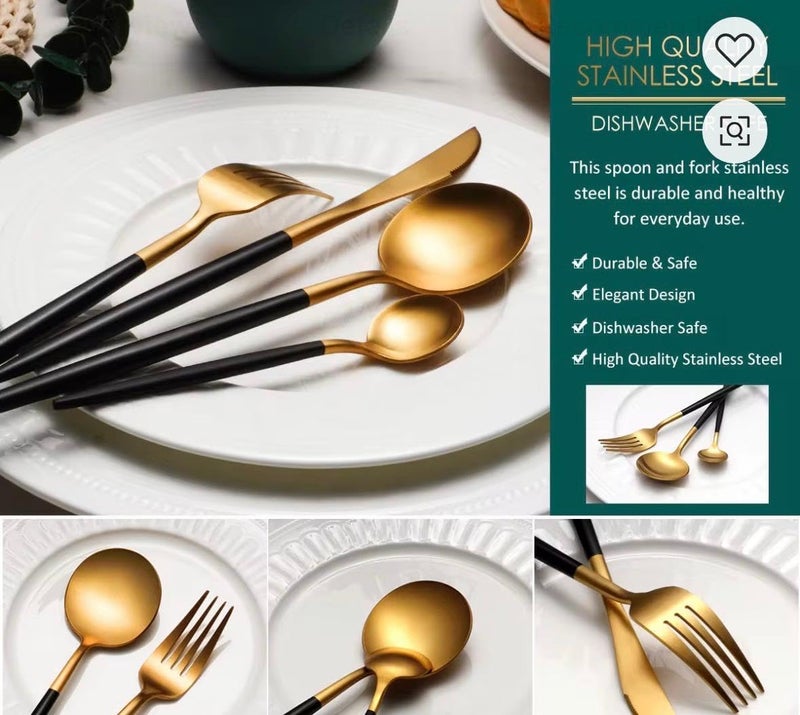 High Quality Polished Flatware Set, Black and Gold, Forks, Knives and Spoons, Modern Design with Bi-Color Handles, Luxury Gift Box - Image 4