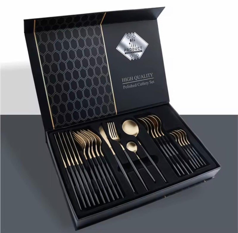 High Quality Polished Flatware Set, Black and Gold, Forks, Knives and Spoons, Modern Design with Bi-Color Handles, Luxury Gift Box - Image 1
