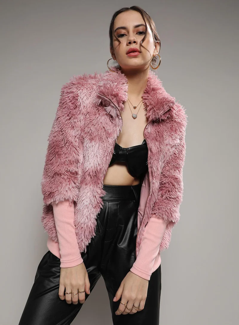 Campus Sutra Women's Blush Pink Faded Faux Fur Jacket