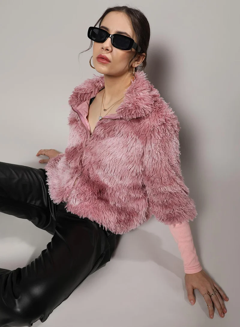 Campus Sutra Women's Blush Pink Faded Faux Fur Jacket