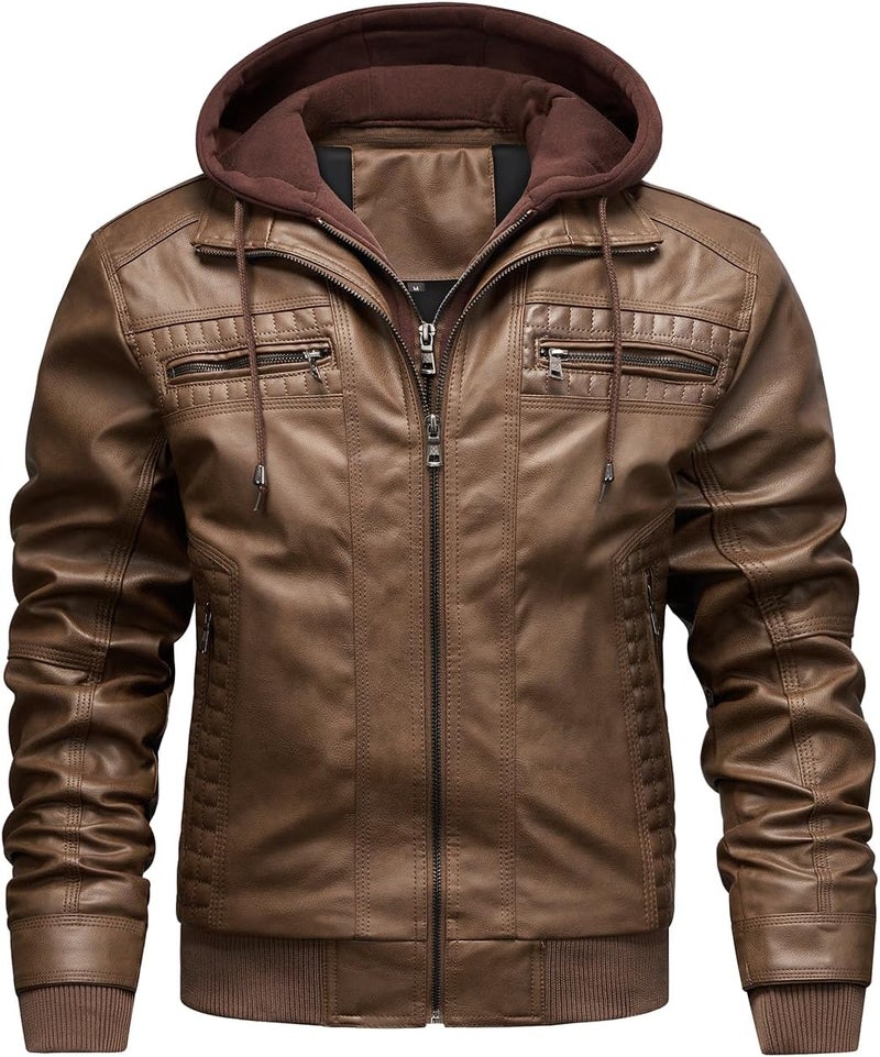 FTIMILD Men's Faux Leather Motorcycle Bomber Jacket with Removable Hood - Brown, XL - Image 2