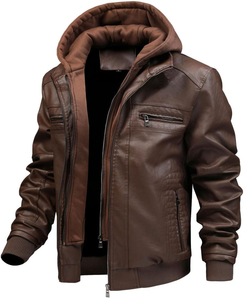 FTIMILD Men's Faux Leather Motorcycle Bomber Jacket with Removable Hood - Brown, XL - Image 1