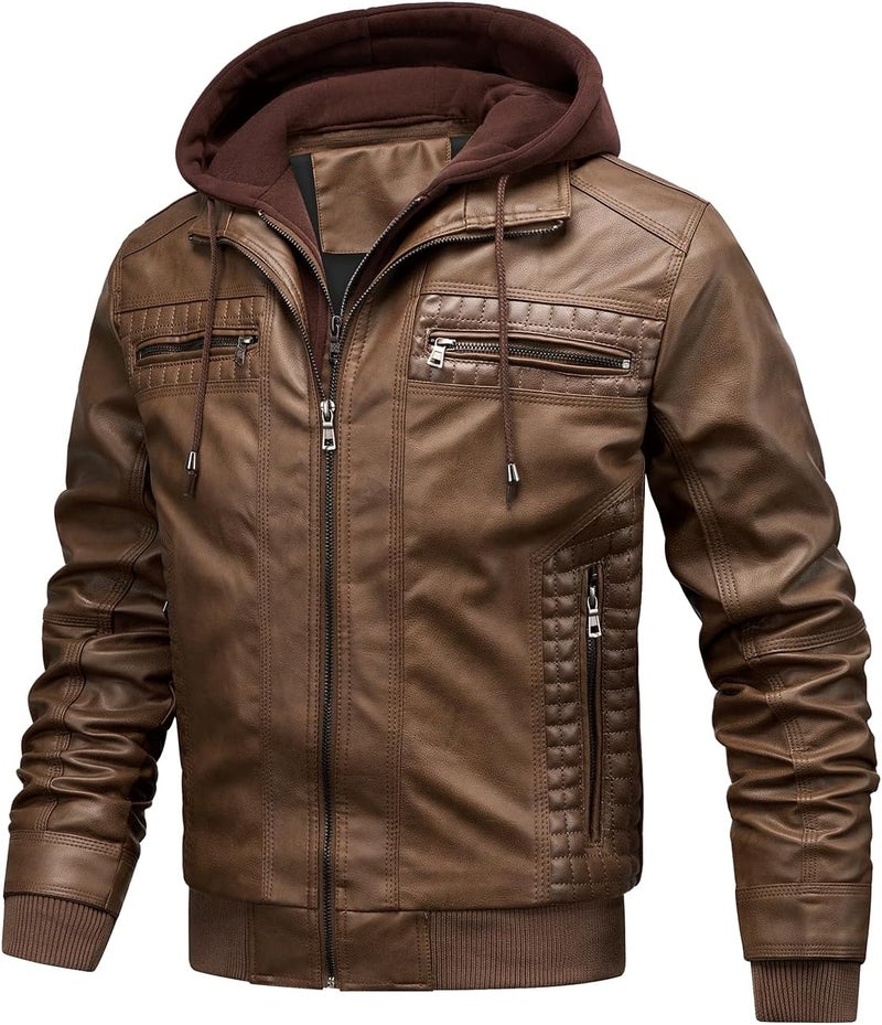 FTIMILD Men's Faux Leather Motorcycle Bomber Jacket with Removable Hood - Brown, XL - Image 3