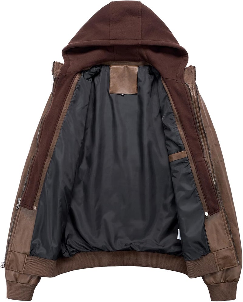FTIMILD Men's Faux Leather Motorcycle Bomber Jacket with Removable Hood - Brown, XL - Image 4