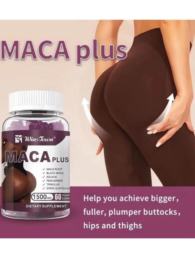 Wins Town Maca Plus Gummies, 1500mg Big Booty Enhancer with Black Maca Root & Dong Quai Extract, Gluteus Boost Vitamins for Women, Fruit Flavor, 60 Count  - Image 3