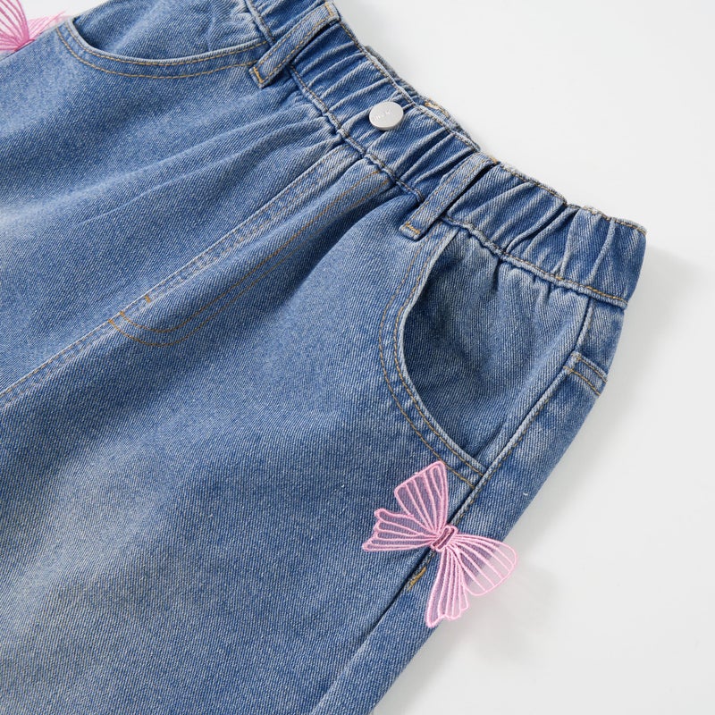 Rolanko Girls Baggy Jeans Y2K Wide Leg with Pockets, Pure Cotton, Kids Cute Clothes (Pinkbutterfly, 10-11 Years) - Image 2