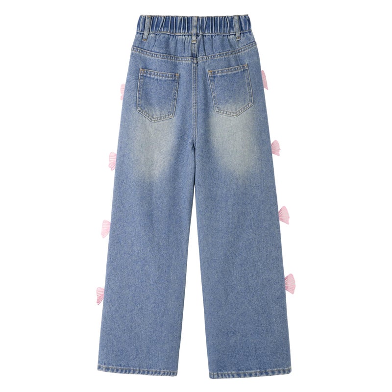 Rolanko Girls Baggy Jeans Y2K Wide Leg with Pockets, Pure Cotton, Kids Cute Clothes (Pinkbutterfly, 10-11 Years) - Image 4