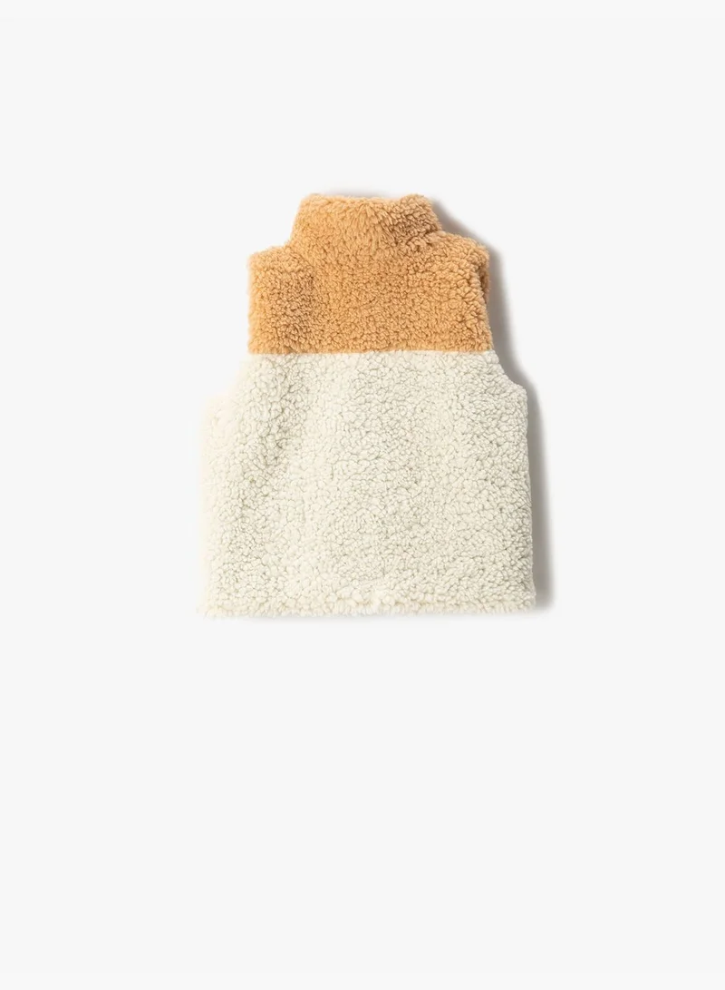 KOTON Shearling Vest Stand-Up Neck Pocket Detail Zipper Closure