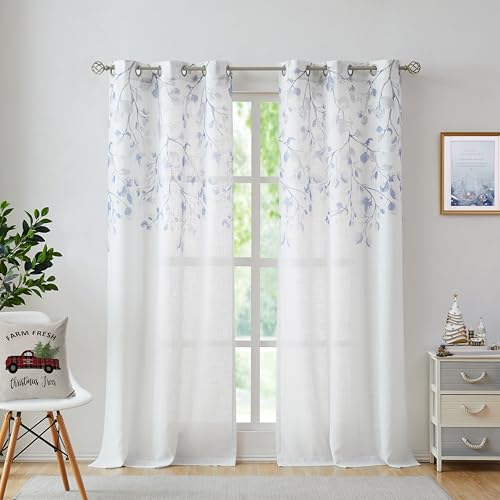 Central Park Leaf Floral Print Metallic Sheer Window Curtain Panel for Rustic Living Room/Bedroom Sparkling Decorative 6 Grommets Top Drape Panels Farmhouse Curtains, Navy Blue,40" x 84"x2, 2 PK - Image 2