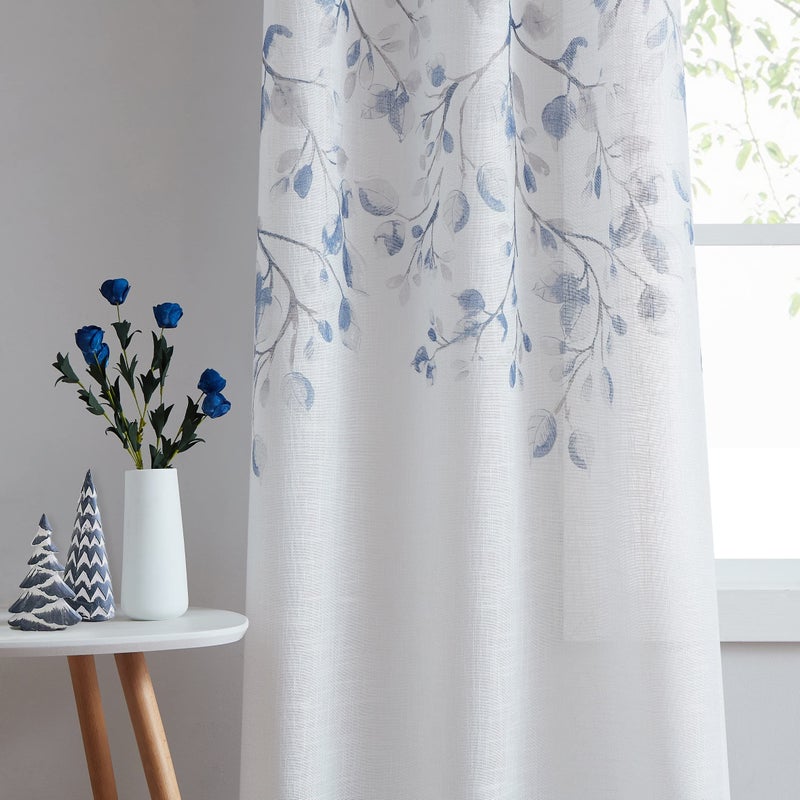 Central Park Leaf Floral Print Metallic Sheer Window Curtain Panel for Rustic Living Room/Bedroom Sparkling Decorative 6 Grommets Top Drape Panels Farmhouse Curtains, Navy Blue,40" x 84"x2, 2 PK - Image 3