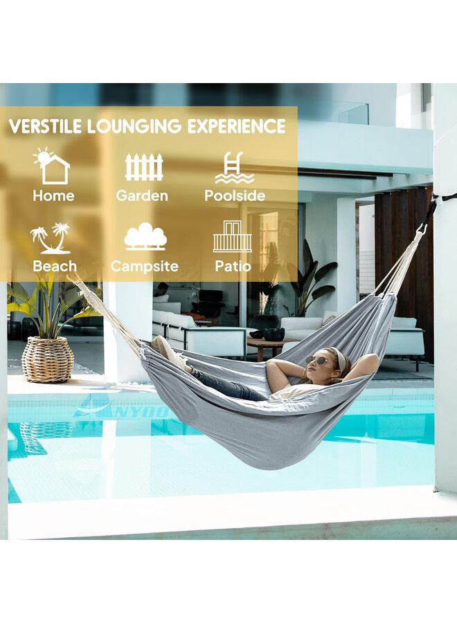 أرجوحة تخييم محمولة، أرجوحة قماشية متينة ومريحة للتعليق في الحديقة، مزودة بأحزمة تثبيت للأشجار، تتحمل وزنًا يصل إلى 200 كجم، مع حقيبة سفر، لون رمادي فاتح، مثالية للتخييم في الهواء الطلق - Image 3