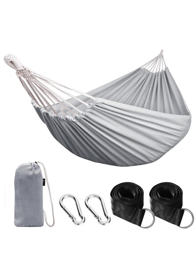 أرجوحة تخييم محمولة، أرجوحة قماشية متينة ومريحة للتعليق في الحديقة، مزودة بأحزمة تثبيت للأشجار، تتحمل وزنًا يصل إلى 200 كجم، مع حقيبة سفر، لون رمادي فاتح، مثالية للتخييم في الهواء الطلق - Image 1