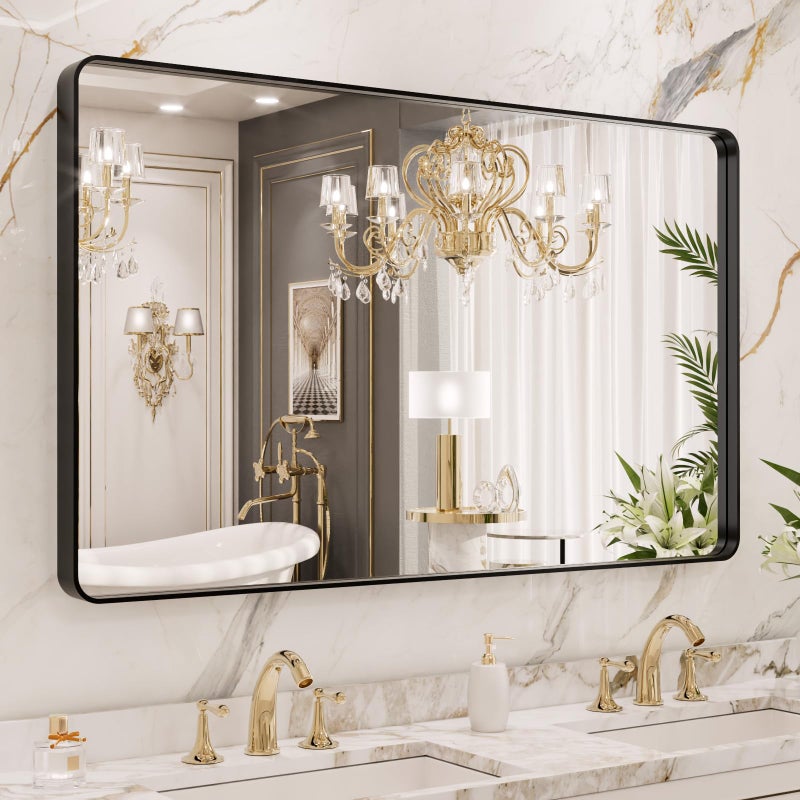 LOAAO 40x24 Inch Black Metal Framed Bathroom Mirror for Wall, Matte Black Bathroom Vanity Mirror Farmhouse, Large Rounded Rectangle Mirror, Anti-Rust, Hangs Horizontally or Vertically - Image 1