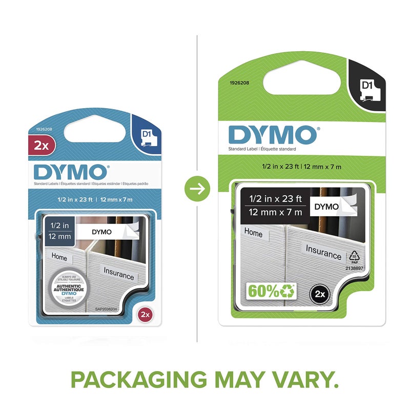 DYMO Authentic D1 Labels 1/2-Inch x 23-Foot Roll Black Print on White Self-Adhesive For LabelManager Label Makers 2-Pack - Image 3