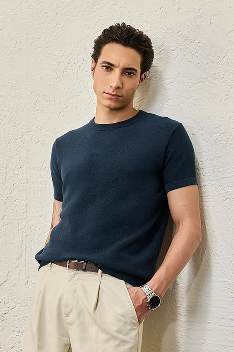 سنيتش Navy Solid Short Sleeve Regular Fit Luxe T-Shirt