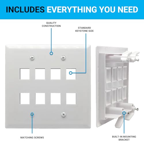 DIYTECH Keystone Wall Plate, Built-In Mounting Bracket, 2 Gang, Supports Jack or Modular Inserts, In Wall Patch Panel - White (8 Port) - Image 3