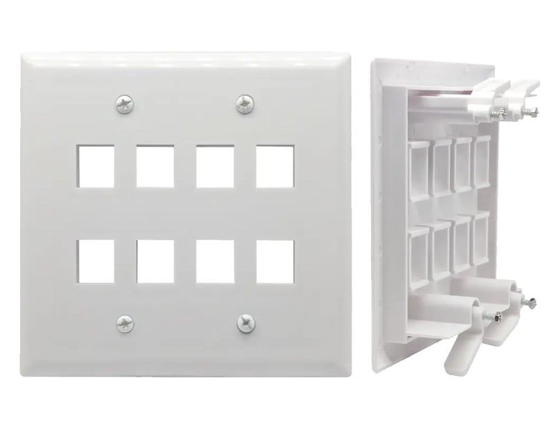DIYTECH Keystone Wall Plate, Built-In Mounting Bracket, 2 Gang, Supports Jack or Modular Inserts, In Wall Patch Panel - White (8 Port) - Image 1