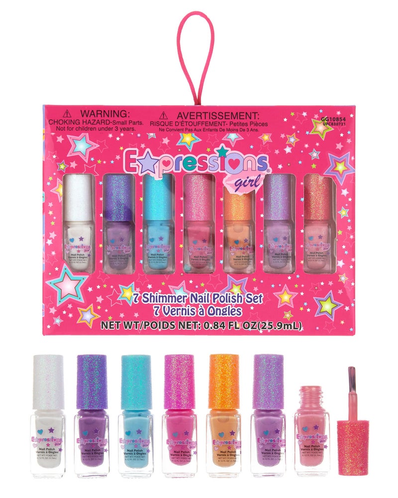 EXPRESSIONS 7pc Shimmer Nail Polish Set with Glitter Caps Safe NonToxic Nail Polish Kit for Girls Teens Fun Nail Art Collection Colorful Manicure Gift Set for Kids Shiny Fun - Image 3
