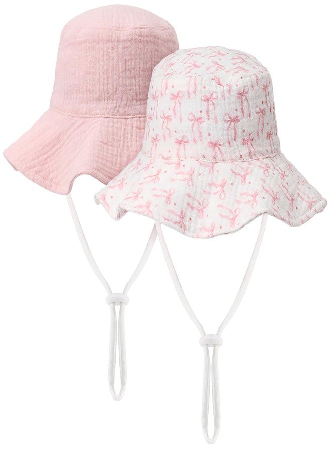Cuffbow 2 Pack Pink Bow Muslin Infant Sun Hat UPF 50+ Sun Protection Coquette Baby Bucket Hat with Wide Brim Newborn Summer for Boys Girls - Image 1