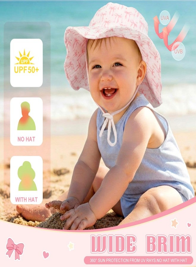 Cuffbow 2 Pack Pink Bow Muslin Infant Sun Hat UPF 50+ Sun Protection Coquette Baby Bucket Hat with Wide Brim Newborn Summer for Boys Girls - Image 2