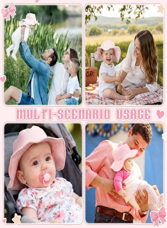 Cuffbow 2 Pack Pink Bow Muslin Infant Sun Hat UPF 50+ Sun Protection Coquette Baby Bucket Hat with Wide Brim Newborn Summer for Boys Girls - Image 5