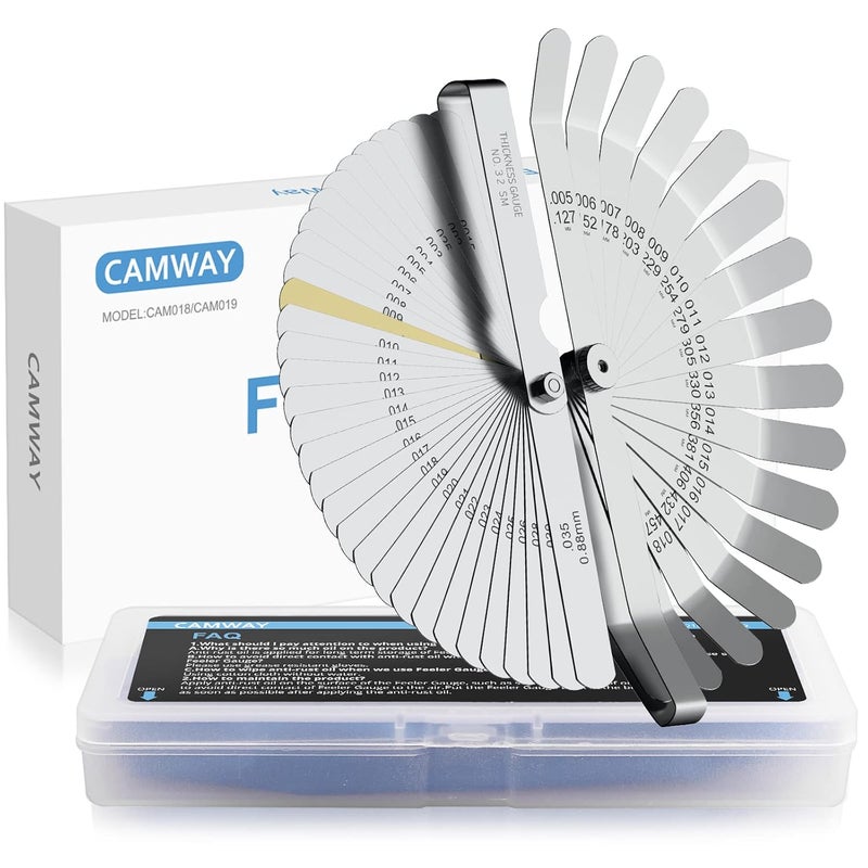 CAMWAY مجموعة مقياس الفجوة مكونة من قطعتين، فولاذ متري/بوصة، 32 شفرة مستقيمة فولاذية + 16 شفرة مقياس فجوة بزاوية 45 درجة، أدوات قياس لعرض الفجوة وسمكها وفجوة الصمام وشمعات الإشعال - Image 1