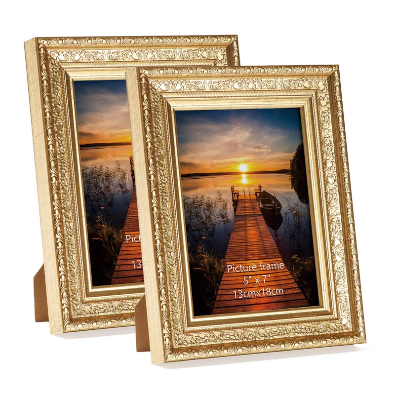 Edenseelake 5x7 Picture Frames Set of 2 Vintage Gold Photo Frame 5 by 7 for Tabletop or Wall Display