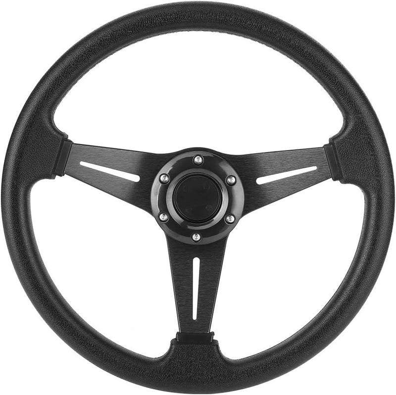 BROLEO 14in Steering Wheel, Ergonomic Comfortable Anti Rust Stylish Aluminum Alloy PU Wear Resistant Drifting Steering Wheel for Auto Modification (Black) - Image 1