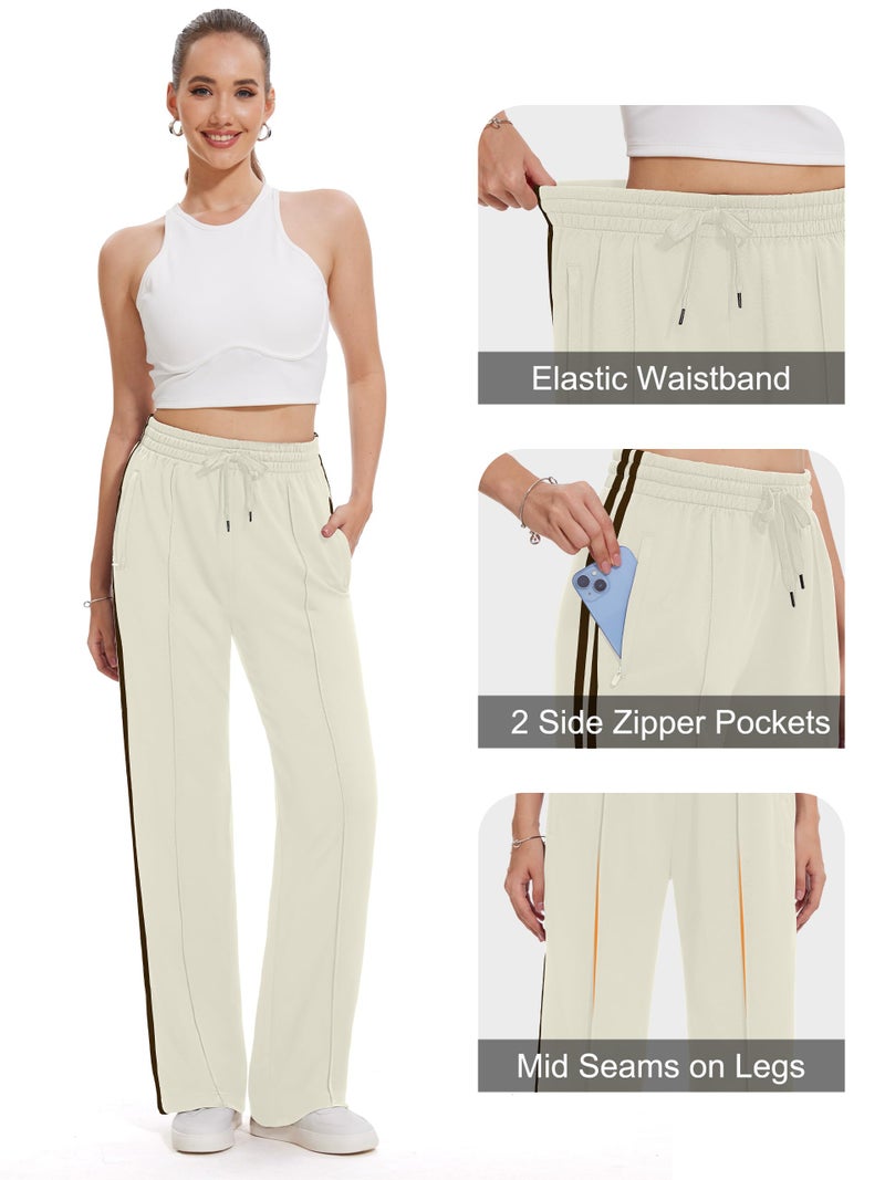 Tapata Tall Women's 34" Inseam Casual Pants Track Athletic Sweatpants Warm Up Loose Side Stripe Street Slacks, Beige, M - Image 3