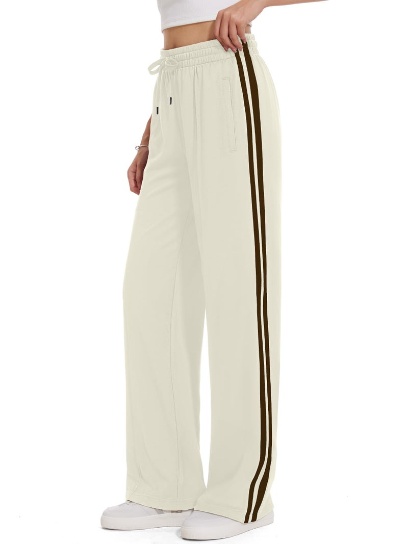 Tapata Tall Women's 34" Inseam Casual Pants Track Athletic Sweatpants Warm Up Loose Side Stripe Street Slacks, Beige, M - Image 1