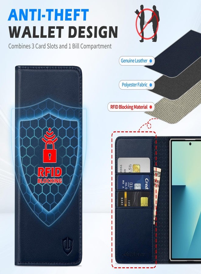 SHIELDON Genuine Leather Wallet Case for Galaxy Z Fold 7 (8.0-inch) 2025, Kickstand, Card Holder, RFID Blocking, Magnetic Closure, Shockproof Flip, Foldable, Protective Folio Cover - Navy Blue - Image 4