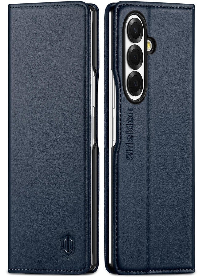 SHIELDON Genuine Leather Wallet Case for Galaxy Z Fold 7 (8.0-inch) 2025, Kickstand, Card Holder, RFID Blocking, Magnetic Closure, Shockproof Flip, Foldable, Protective Folio Cover - Navy Blue - Image 1