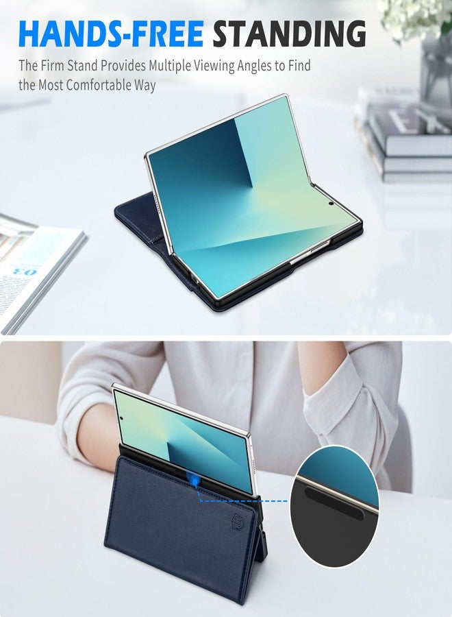 SHIELDON Genuine Leather Wallet Case for Galaxy Z Fold 7 (8.0-inch) 2025, Kickstand, Card Holder, RFID Blocking, Magnetic Closure, Shockproof Flip, Foldable, Protective Folio Cover - Navy Blue - Image 5