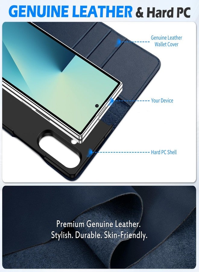 SHIELDON Genuine Leather Wallet Case for Galaxy Z Fold 7 (8.0-inch) 2025, Kickstand, Card Holder, RFID Blocking, Magnetic Closure, Shockproof Flip, Foldable, Protective Folio Cover - Navy Blue - Image 3