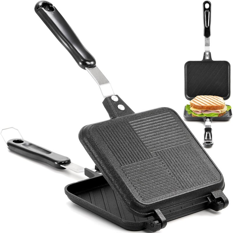 Elsjoy Hot Sandwich Maker, Grilled Sandwich Press with Handle, Stovetop Toasted Sandwich Maker Aluminum Flip Pan for Home, Kitchen, Breakfast - Image 1