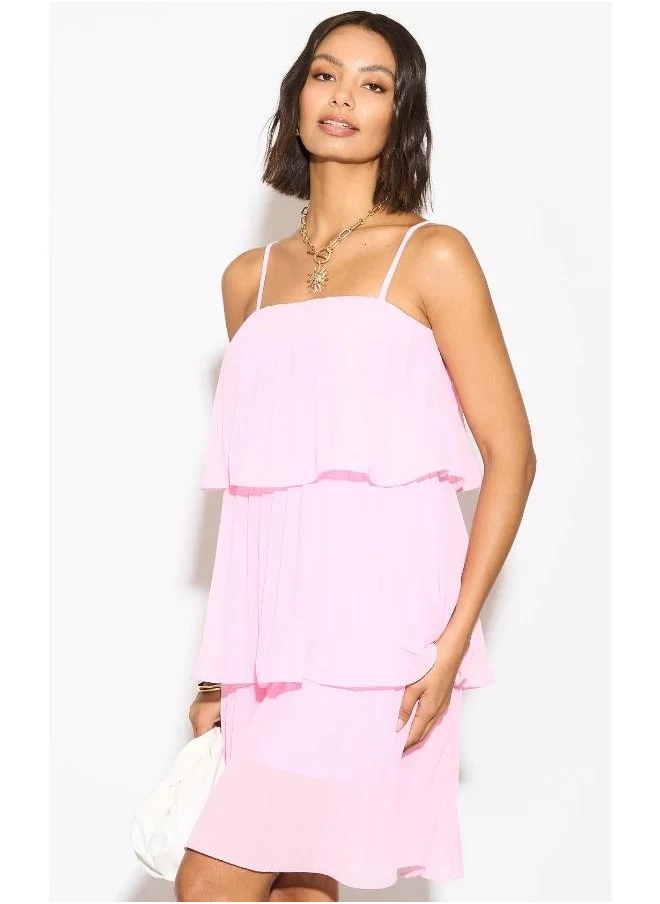 Hoxton Gal Pink Pleated Cami Mini Dress with Layered Detail – Relaxed Fit