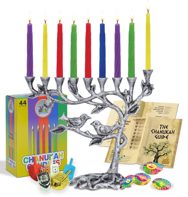 Ner Mitzvah Tree of Life Menorah Set for Hanukkah  Antiqued Candle Menora Complete Set  Menorah Candles Dreidels Play Coins Chanukkah Guide